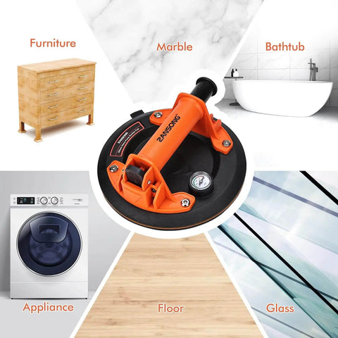 Heavy Duty Vacuum Suction Cup Lifter For Glass And Large Appliances Like Air Conditioners Refrigerators And Washing Machines With Pressure Gauge Delivers Secure Grip On Smooth Nonporous Surfaces For Safe Easy Lifting And Moving, image showing suction cup on various surfaces.
