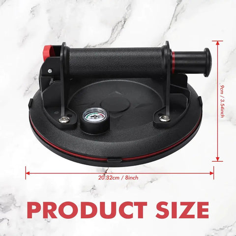 Heavy Duty Vacuum Suction Cup Lifter For Glass And Large Appliances With Pressure Gauge, showing size dimensions on marble