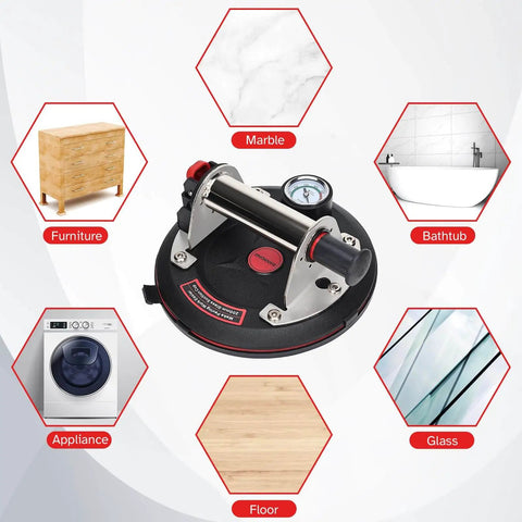 Beefed Up Heavy Duty Vacuum Suction Cup Lifter For Glass And Large Appliances with built-in pressure gauge surrounded by usage examples