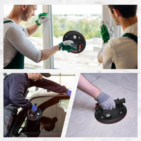 Heavy Duty Vacuum Suction Cup Lifter For Glass And Large Appliances With Pressure Gauge in use on window and smooth surfaces