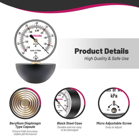 GOATACURA vacuum suction gauge with 0–160 inches of water range, 2-1/2 in dial, black steel case