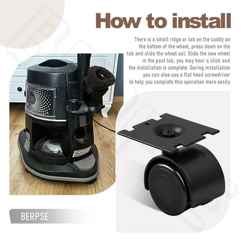 40 Mm Wheel And Plate Assembly For Vacuum D4 D4C SE E E2 Series Dollie Cart Castor Wheels With One And A Half Inch Wheel Diameter Black Durable Construction To Extend Service Life 4 Pack Replacement Parts displayed with vacuum installation instructions.