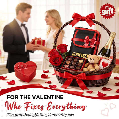 Valentine gift basket with chocolates, bear, flowers, and Telescoping Magnetic Pickup Tool Set, perfect Valentine’s Day gift for him.