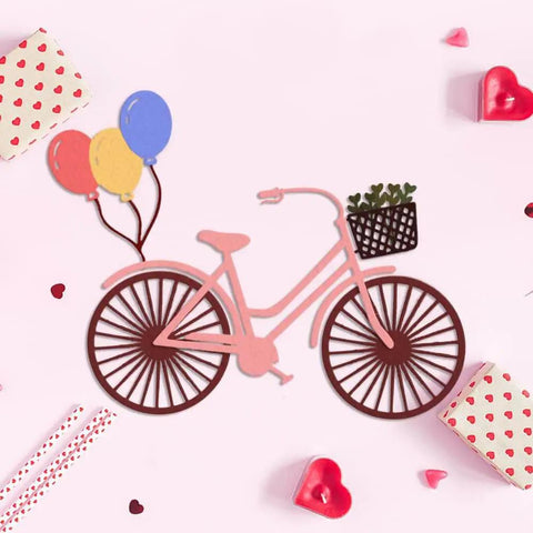 Valentines Day Bike Background Cutting Dies Set with balloons and flowers, carbon steel cutters for card making and scrapbooking.