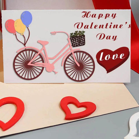 Valentines Day Bike Background Cutting Dies Set For Card Making And Scrapbooking, Balloon, Arrow And Flower Motifs, greeting card with bike and balloons.