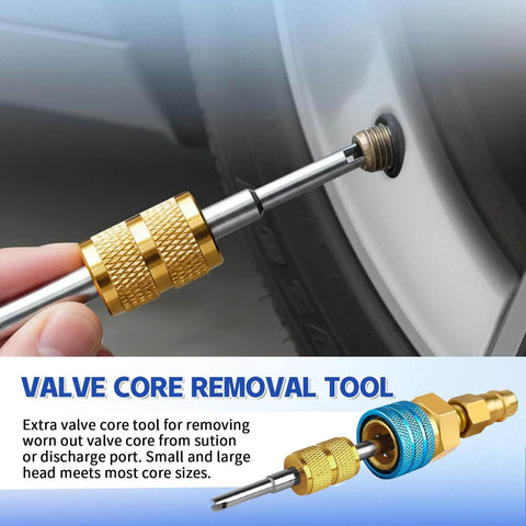 Valve core removal tool shown in use for tire maintenance, features a gold and silver design for easy core extraction.