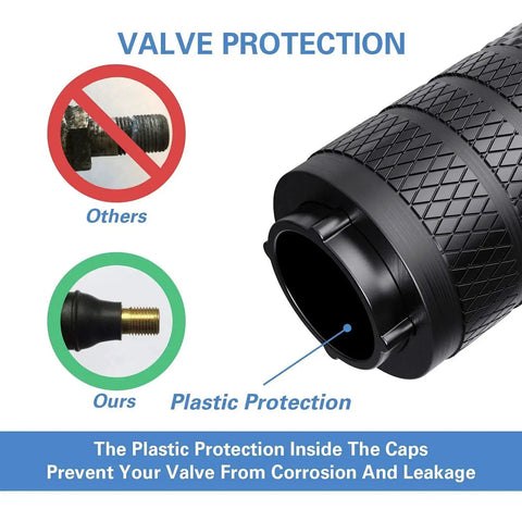 Tire Valve Stem Caps Black Anodized Aluminum Set 4 Pack With Plastic Inner Valve Design for Corrosion Resistance and Rust Prevention