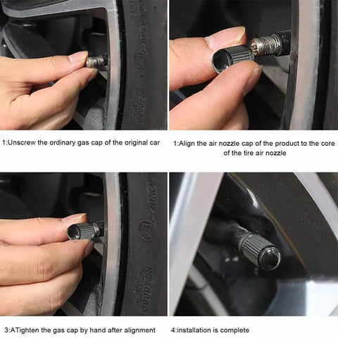 Installing upgraded valve stem caps with sealing ring for cars, motorbikes, and trucks, demonstrating dustproof and waterproof features.