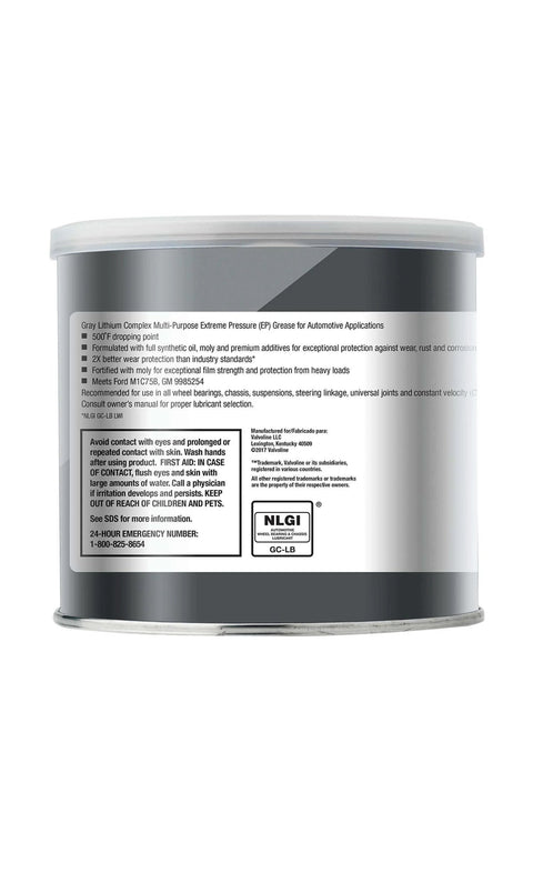 Back label view of Valvoline - VV986 Moly-Fortified Gray Full Synthetic Grease 1 LB, showing product details and instructions.