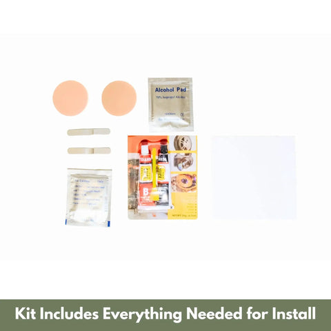 Universal Mid Door Slider Kit For Van Sliding Doors Stopping At Mid Position For Privacy And Airflow No Drill Install Aircraft Grade Aluminum With Epoxy Finish Ideal For Stealth Camping And Partial Coverage, installation components laid out including adhesives and pads.