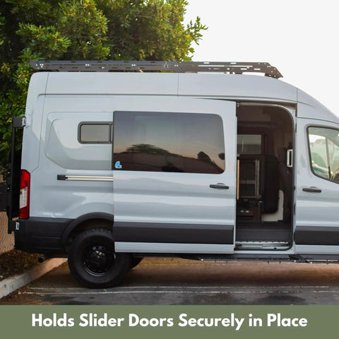 Side view of van with Universal Mid Door Slider Kit For Van Sliding Doors Stopping At Mid Position For Privacy And Airflow No Drill Install Aircraft Grade Aluminum With Epoxy Finish Ideal For Stealth Camping And Partial Coverage, door partially open