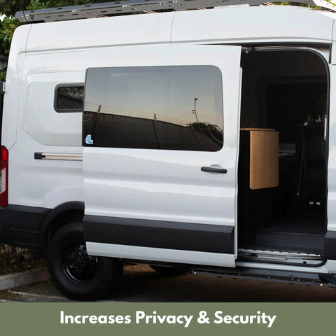 Universal Mid Door Slider Kit For Van Sliding Doors Stopping At Mid Position For Privacy And Airflow displayed on a white van