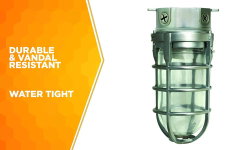 Vandal Resistant Ceiling Mount Security Light With Built Tough All Metal Cage Weather Tight Outdoor Fixture 150W Incandescent Bulb