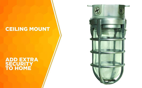 Vandal Resistant Ceiling Mount Security Light With Built Tough All Metal Cage Weather Tight Outdoor Fixture 150W Incandescent Bulb Silver Finish Durable Home Security Lighting For Year Round Outdoor Use