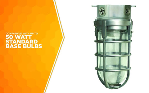 Close-up of Vandal Resistant Ceiling Mount Security Light With Built Tough All Metal Cage Weather Tight Outdoor Fixture