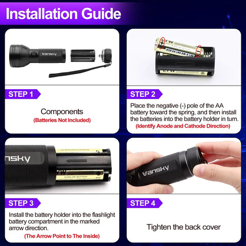Vansky UV leak detector tool kit for cars: black handheld flashlight, battery holder, AA batteries, lanyard, guide.