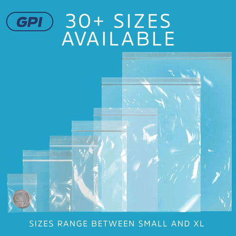 Various sizes of clear plastic reclosable ZIP bags shown, highlighting Clear Plastic Reclosable ZIP Bags 2 Mil 2x3 Inch Case of 100.