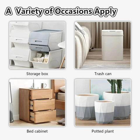 16 Pcs Self Adhesive Caster Wheels Universal 360 Degree Swivel Heavy Duty Appliance Rollers displayed with storage box, trash can, bed cabinet, and potted plant.
