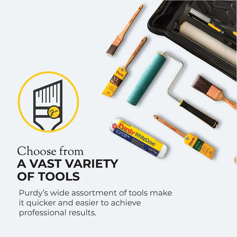 Various Purdy painting tools including brushes and rollers, with packaging, displayed beside a tool case.