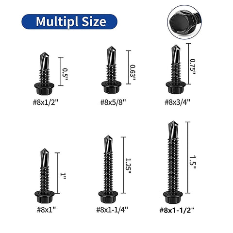 Size chart for 100pcs 410 Stainless Steel #8x3/4 Hex Washer Head Self Drilling Screws, Black Oxide Self Tapping Tek Screws for Metal Plates