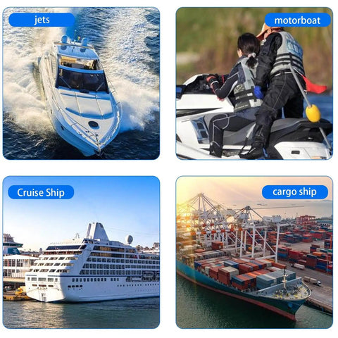 Collage of marine vessels including a jet, motorboat, cruise ship, and cargo ship in various water settings.