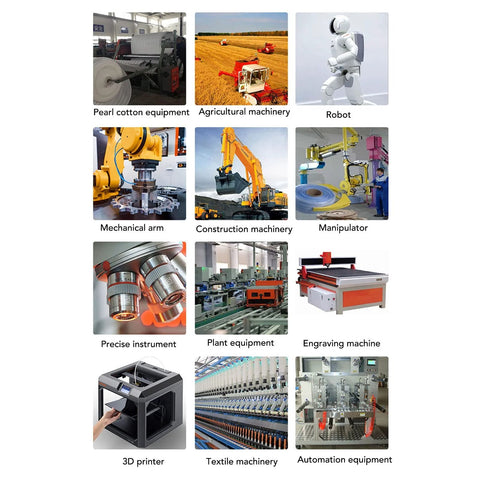 Collage of various machinery including agricultural machinery, robot, mechanical arm, 3D printer, and engraving machine.