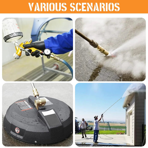 Pressure washer components collage (4 items): brass 1/4 in quick-connect fittings, spray gun, surface cleaner, outdoor wash