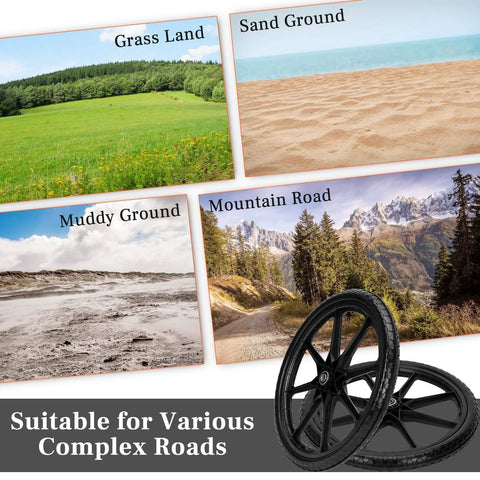 20 Inch Flat Free Wheels Compatible with Rubbermaid Wheelbarrow Tires showcased against various terrains like grass, sand, mud, and mountain roads.