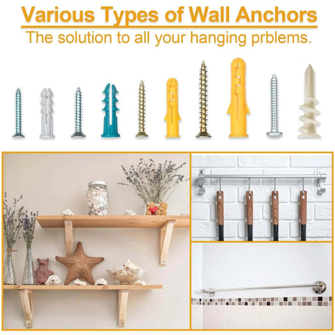 Various types of wall anchors and screws from the 350 Pcs Drywall Anchors Assortment Kit for Sheetrock Concrete and Brick.