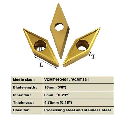 Three VCMT carbide inserts with specifications for Five Eighth Inch Lathe Tool Holder With Ten VCMT Carbide Inserts For Metal Turning.