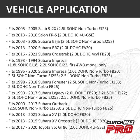 Vehicle application list for Premium Clutch Throwout Release Bearing And Repair Sleeve Kit for Subaru and Toyota models