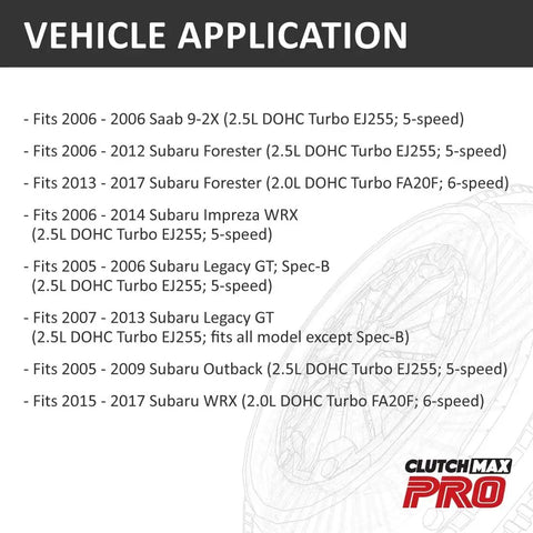 Vehicle application for Clutch Release Bearing And Snout Repair Sleeve Kit For Subaru Forester 2005-2017, Impreza WRX, Legacy GT, Outback, Saab 9-2X EJ255