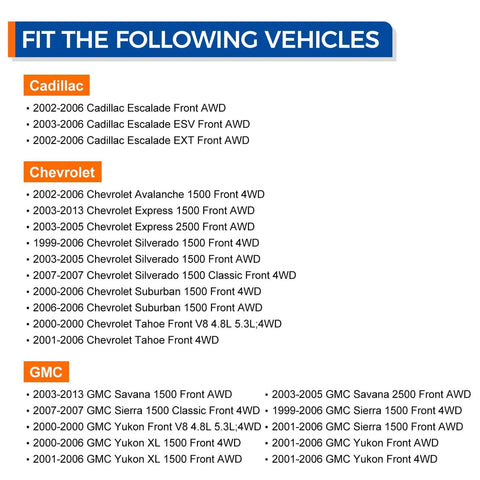 Vehicle compatibility list for 515036 Front Wheel Hub Bearing Assembly for 4WD AWD Chevy, GMC, Cadillac models from 1999-2013.