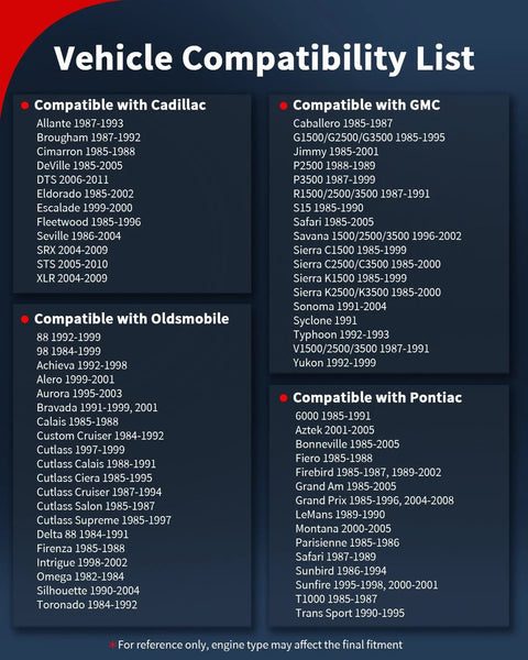 Vehicle compatibility list poster; dark blue background listing Cadillac, GMC, Oldsmobile, and Pontiac models by year.