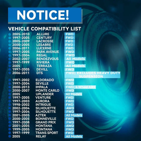 Vehicle compatibility list for GM vehicles including models like Buick LaCrosse, Lucerne, Park Avenue, and Cadillac DTS.