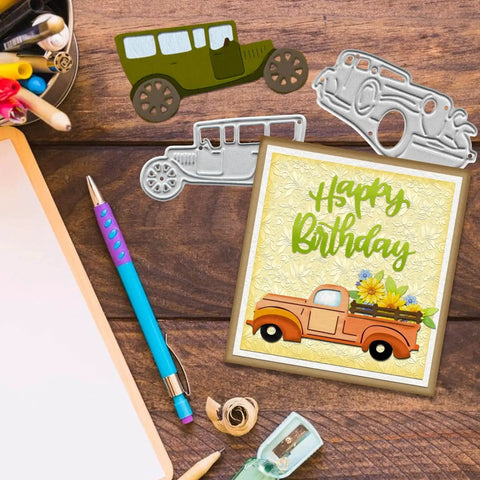 Four Piece Vehicle Cutting Dies Set For Card Making And Scrapbooking With Sedan Car And Pickup Truck Shapes shown with card display