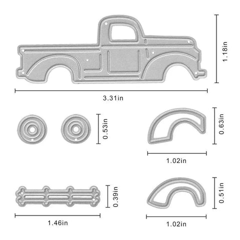 Four Piece Vehicle Cutting Dies Set For Card Making And Scrapbooking With Sedan Car And Pickup Truck Shapes Car Wheel Embossing Dies For Diy Crafts Albums Journals And Gift Cards, showing pickup truck shape and accessory dies with measurements.