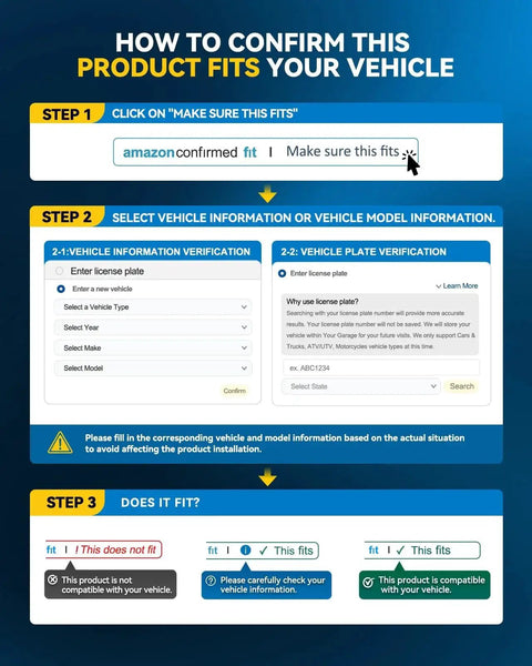 Instructions on verifying product compatibility with vehicle on Amazon, showcasing steps and options for vehicle information entry.