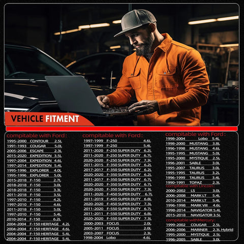 Hub actuator display in workshop; mechanic in orange shirt using laptop beside car with vehicle fitment chart