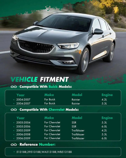 Front view of a silver sedan with compatibility chart for various Buick and Chevrolet models in the background