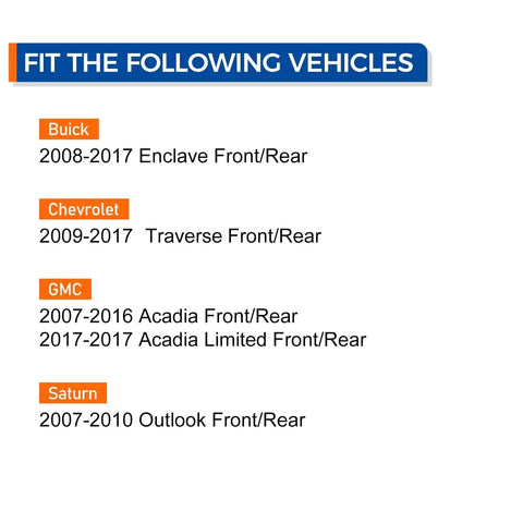 Compatibility list for Wheel Bearing And Hub Assembly 513277 Front And Rear Six Lug With ABS Compatible With Buick Enclave Chevy Traverse GMC Acadia Saturn Outlook Replacement Part Premium Aftermarket For Durable Performance Sealed Bearings And Easy Installation