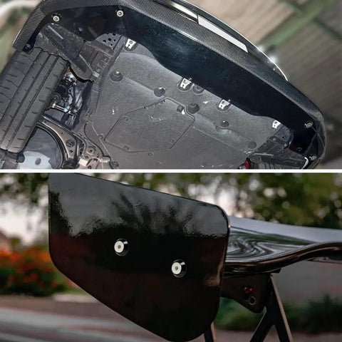 Car underside and spoiler featuring 24-Piece M8x24mm Anodized Aluminum Tapered Washer Kit for Exterior Dress Up installation.