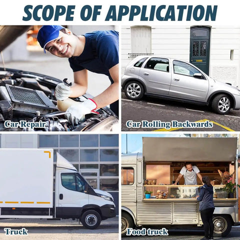 Collage showing car repair, car rolling backwards, truck, and food truck highlighting uses of Rugged 2 Pack Solid Rubber Wheel Chocks.