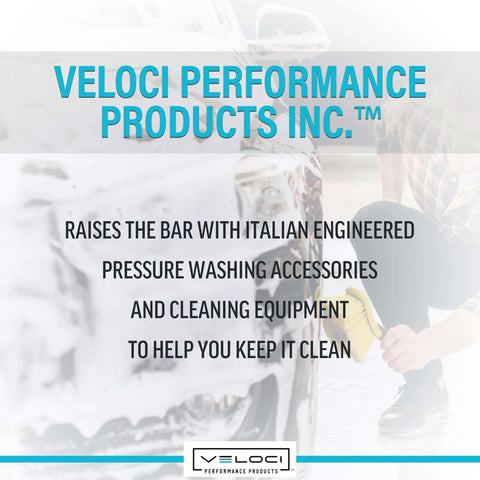 Veloci Performance Products Inc. advertisement with text about Italian engineered pressure washing accessories and equipment