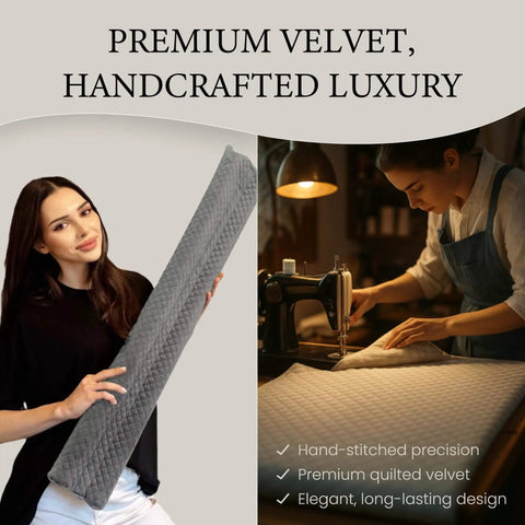 Velvet Under Door Draft Stopper With Adjustable 30 To 36 Inch Gap shown held and in handcrafted production process.