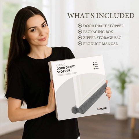 Velvet Under Door Draft Stopper With Adjustable 30 To 36 Inch Gap product box held by a person in a room.