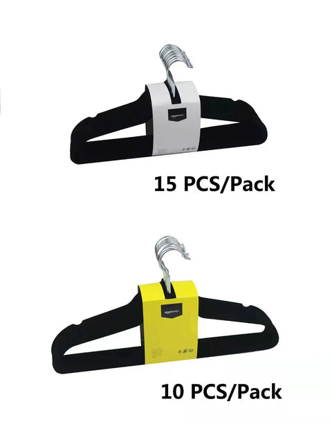 Maximize closet space with a 50-pack of slim velvet non-slip hangers in black with 15 and 10 pack options, silver hooks visible.