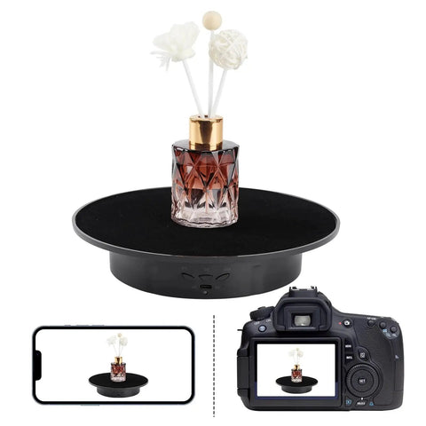 Motorized 360 Degree Rotating Display Stand With Velvet Top for Jewelry and Product Presentation, showcasing perfume