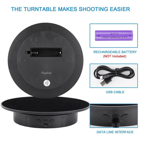 Bottom view of motorized 360 degree rotating display stand with velvet top, showing USB-C port and components.