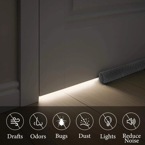 Velvet Under Door Draft Stopper with Adjustable 30 to 36 Inch Gap, visible blocking light and drafts beneath a door